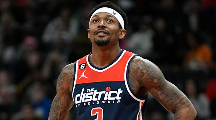 Washington Wizards guard Bradley Beal looks at the scoreboard against the Sacramento Kings.